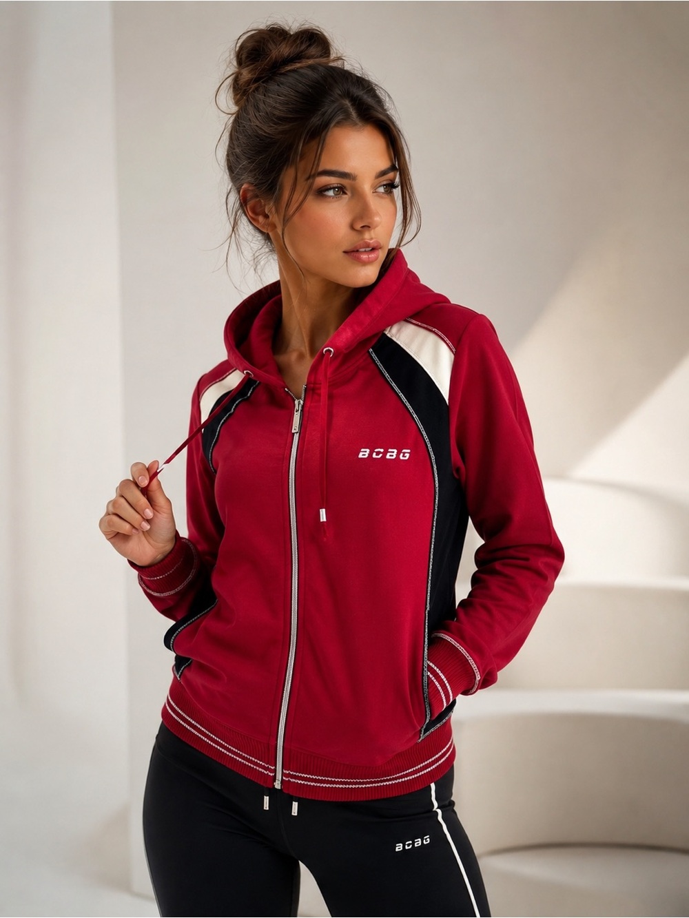 BCBG Max Azria Women’s XL Red Colorblock Zip-Up Hoodie Jacket NWT